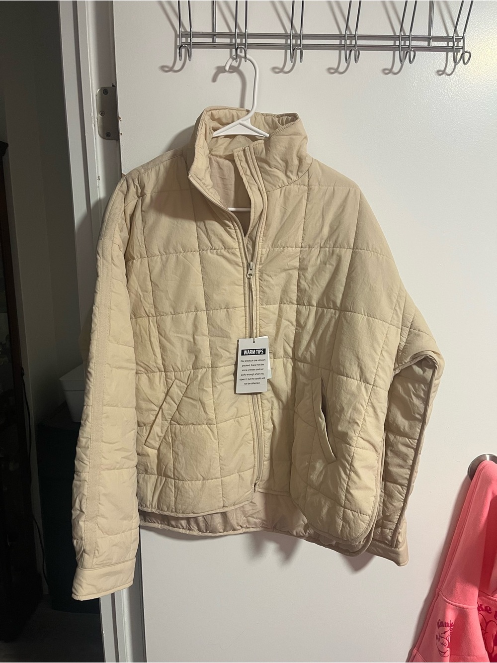 Amazon Women's Light Cream Quilted Puffer Jacket With Side Slits And Pockets-L